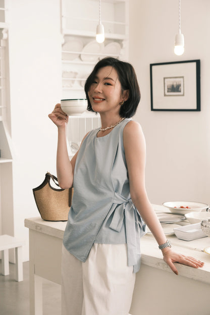 Arden Side-Tie Draped Top in Light Blue