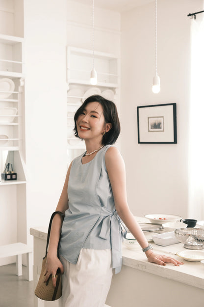 Arden Side-Tie Draped Top in Light Blue
