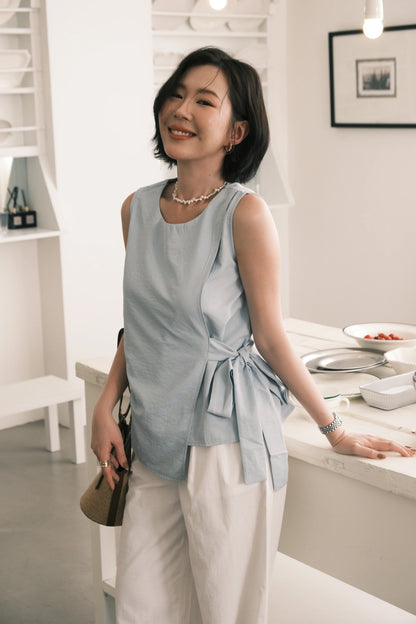 Arden Side-Tie Draped Top in Light Blue