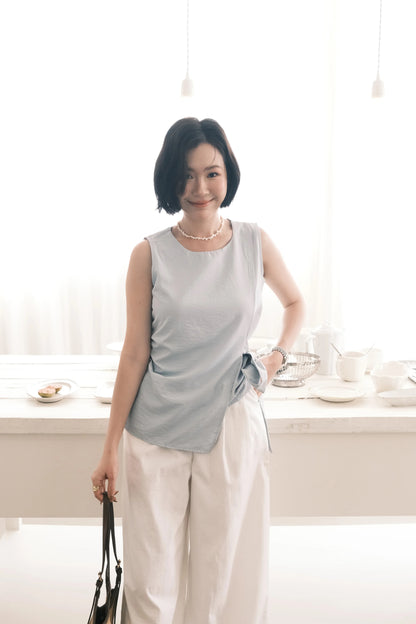 Arden Side-Tie Draped Top in Light Blue