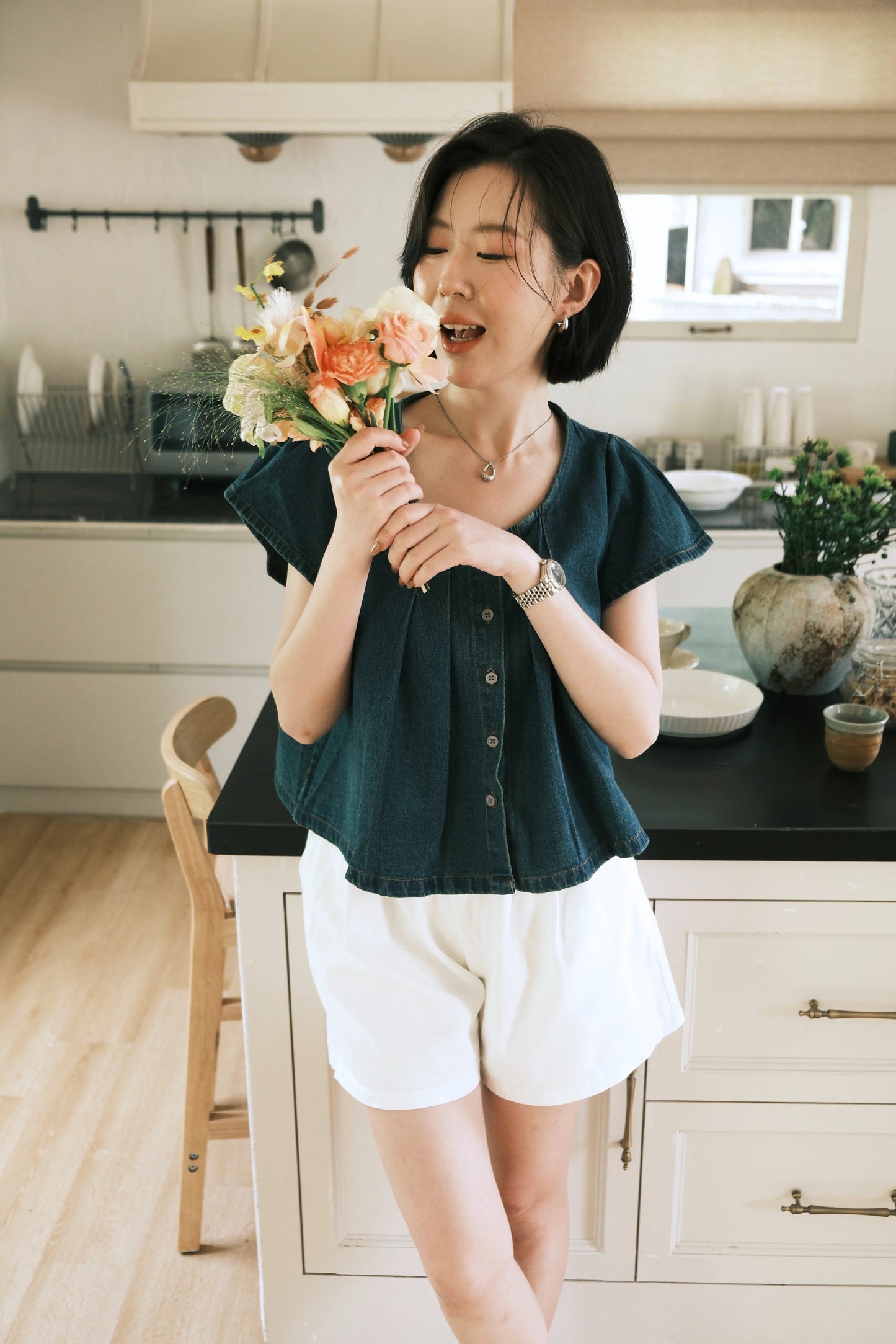 Mira Flutter Denim Blouse