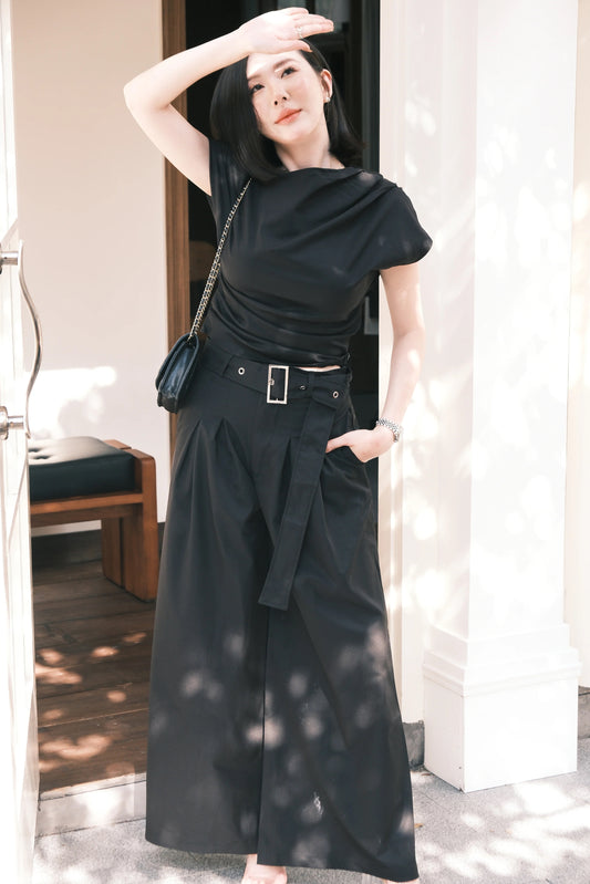 Aveline Drape Top & Wide-Leg Trousers Set in Black