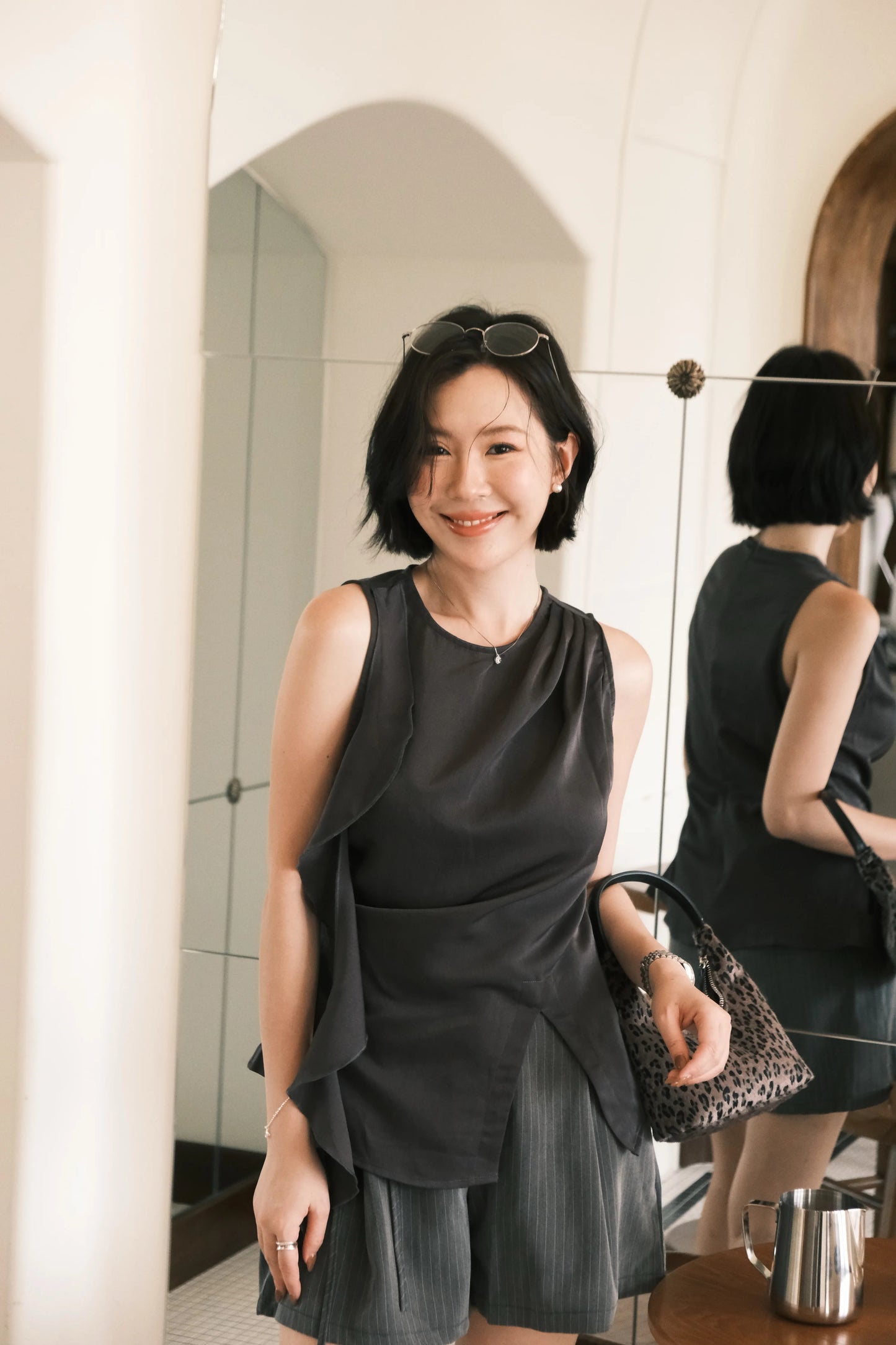 Celeste Draped Ruffle Top in Dark Grey