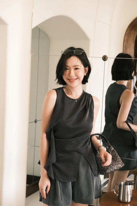 Celeste Draped Ruffle Top in Dark Grey