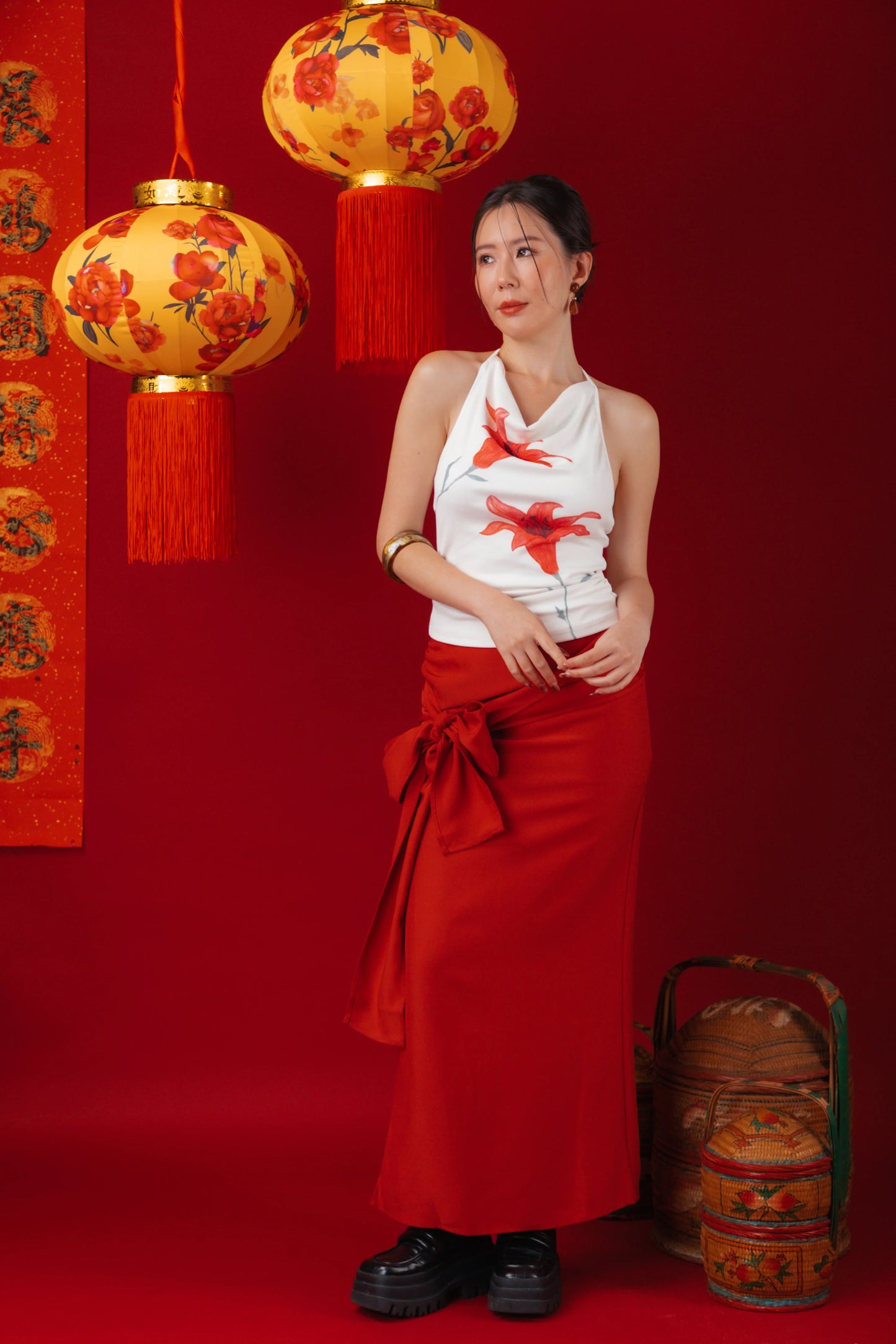 Lilia Floral Drape Halter Top/Red Draped Slit Skirt