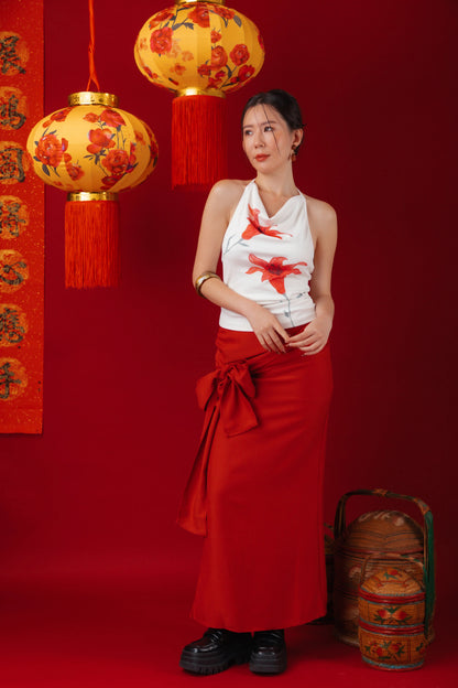 Lilia Floral Drape Halter Top/Red Draped Slit Skirt