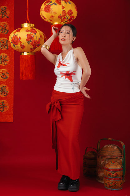 Lilia Floral Drape Halter Top/Red Draped Slit Skirt