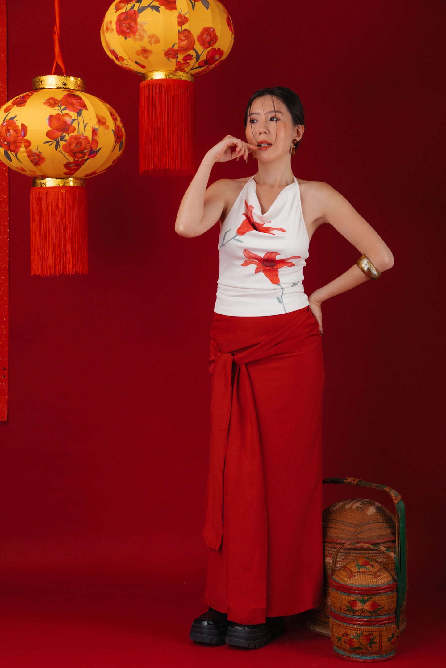 Lilia Floral Drape Halter Top/Red Draped Slit Skirt