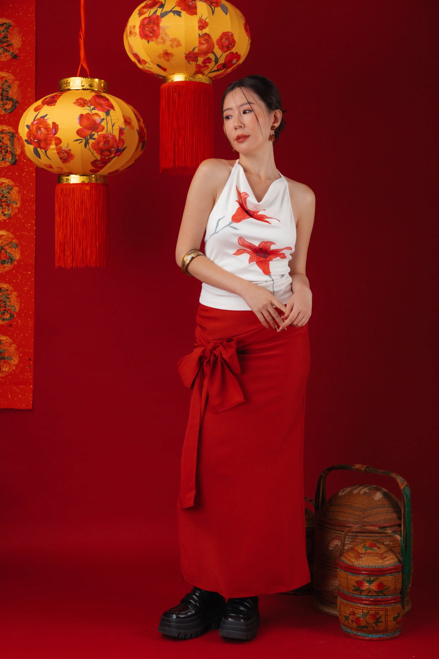 Lilia Floral Drape Halter Top/Red Draped Slit Skirt
