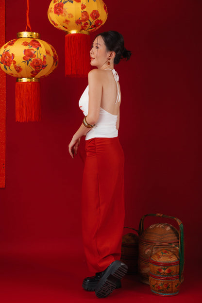 Lilia Floral Drape Halter Top/Red Draped Slit Skirt