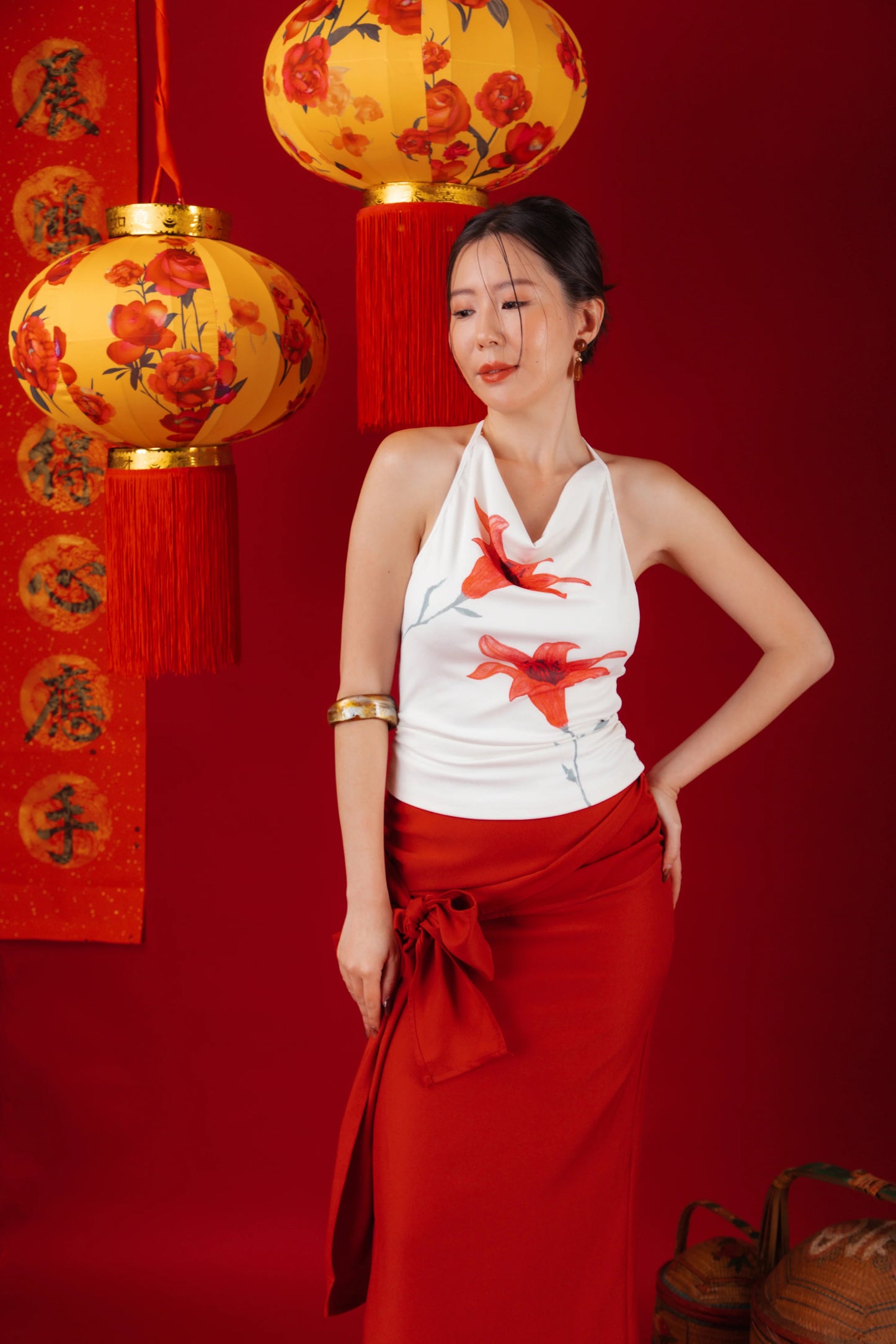 Lilia Floral Drape Halter Top/Red Draped Slit Skirt