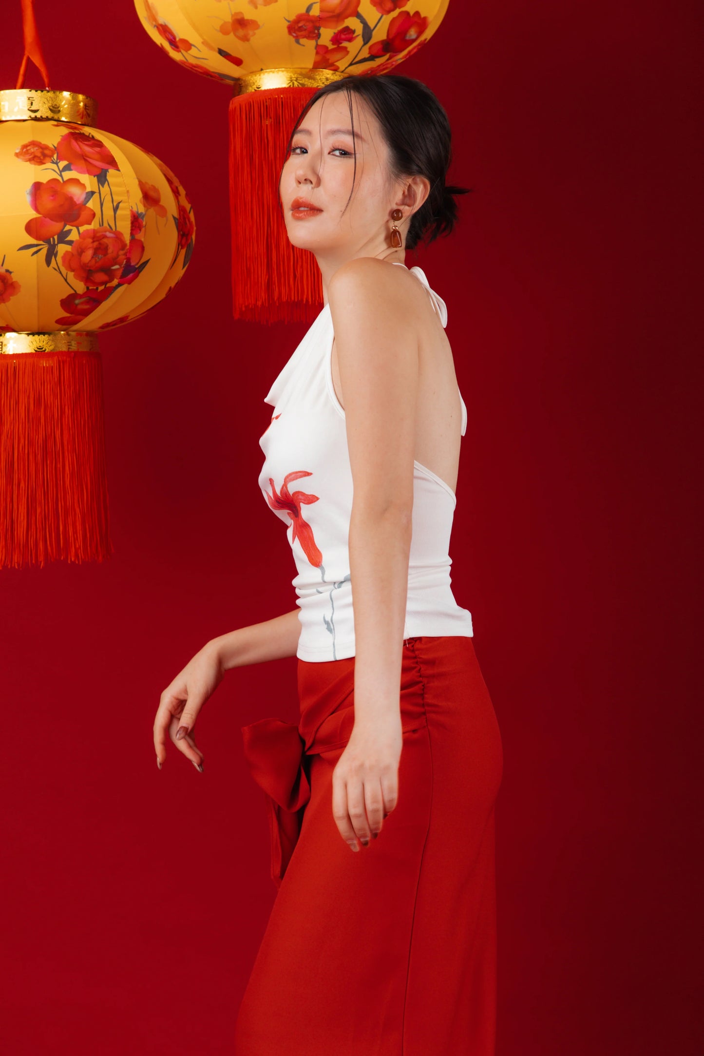 Lilia Floral Drape Halter Top/Red Draped Slit Skirt