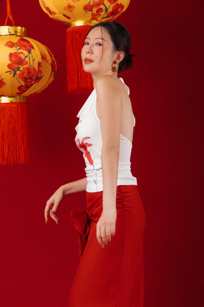 Lilia Floral Drape Halter Top/Red Draped Slit Skirt