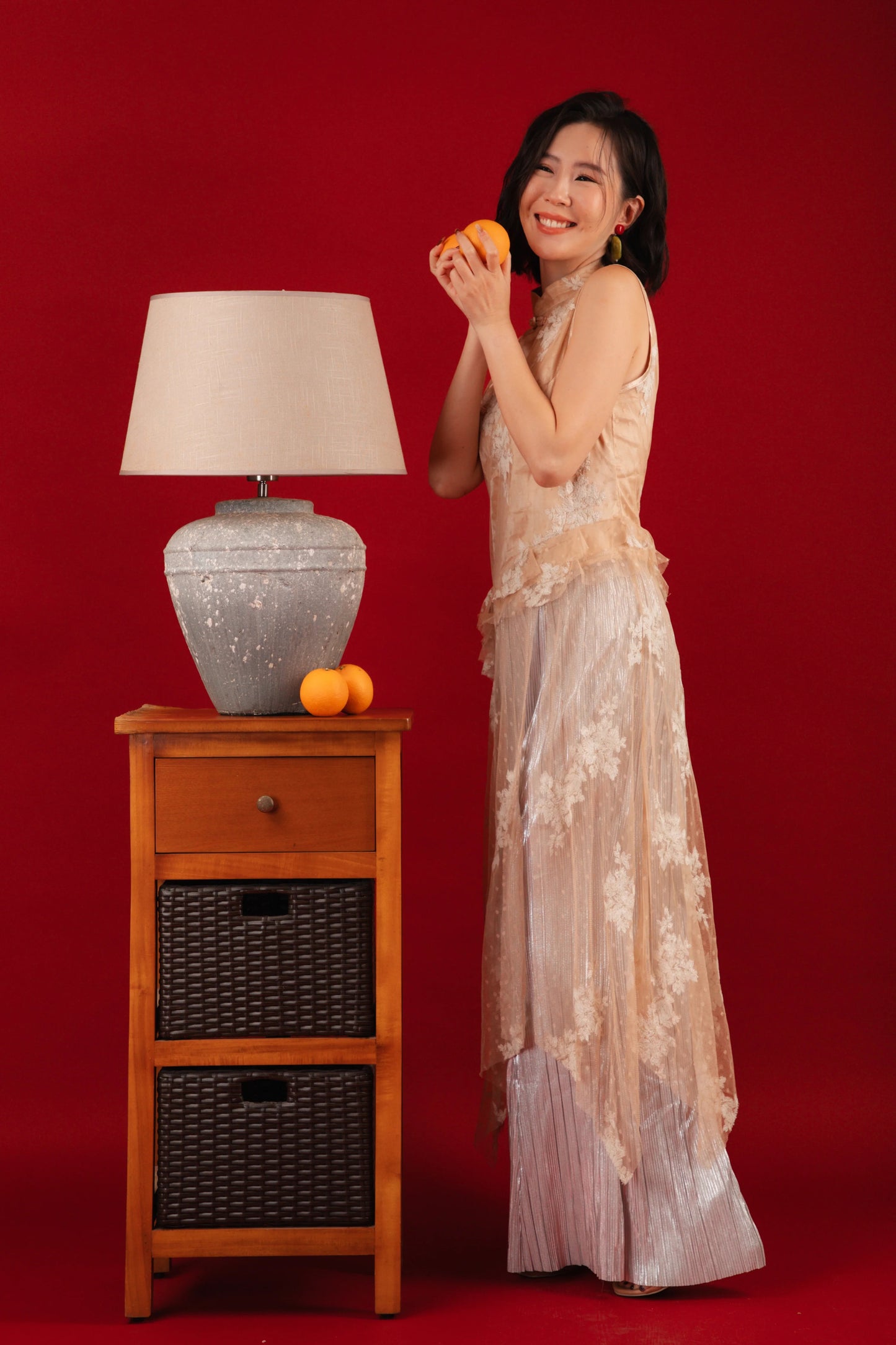 Aurora Sheer Embroidered Cheongsam Top/Pleated Pants