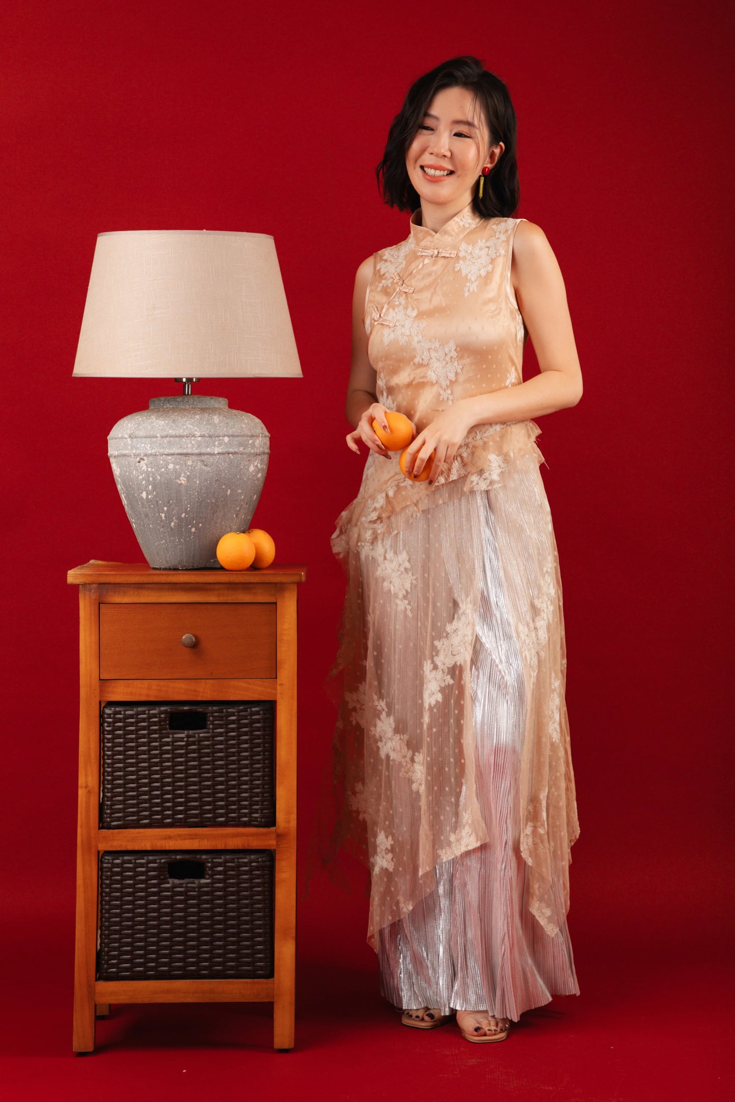 Aurora Sheer Embroidered Cheongsam Top/Pleated Pants