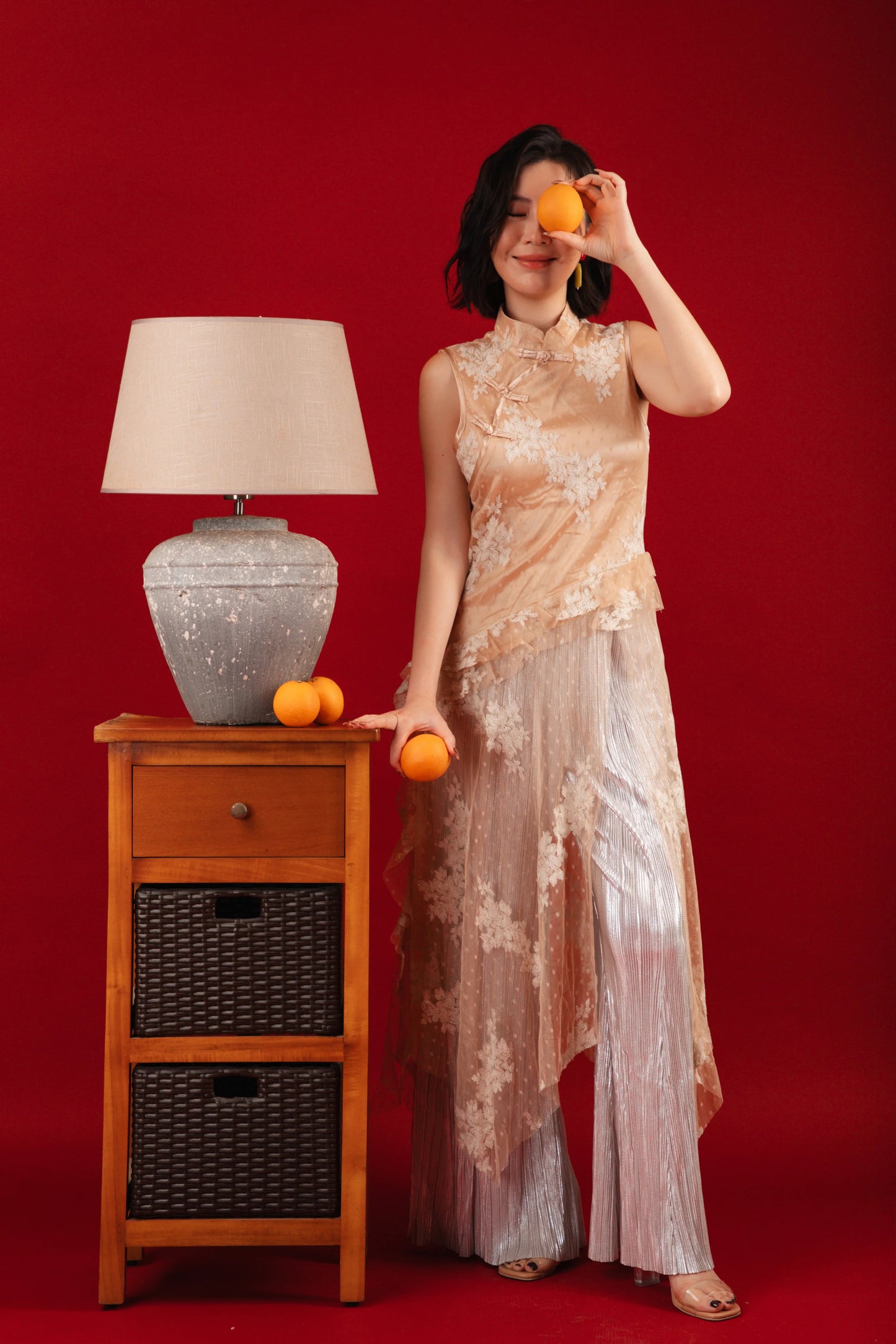 Aurora Sheer Embroidered Cheongsam Top/Pleated Pants