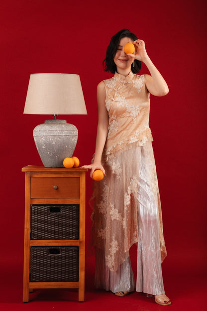 Aurora Sheer Embroidered Cheongsam Top/Pleated Pants