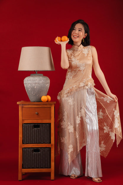 Aurora Sheer Embroidered Cheongsam Top/Pleated Pants