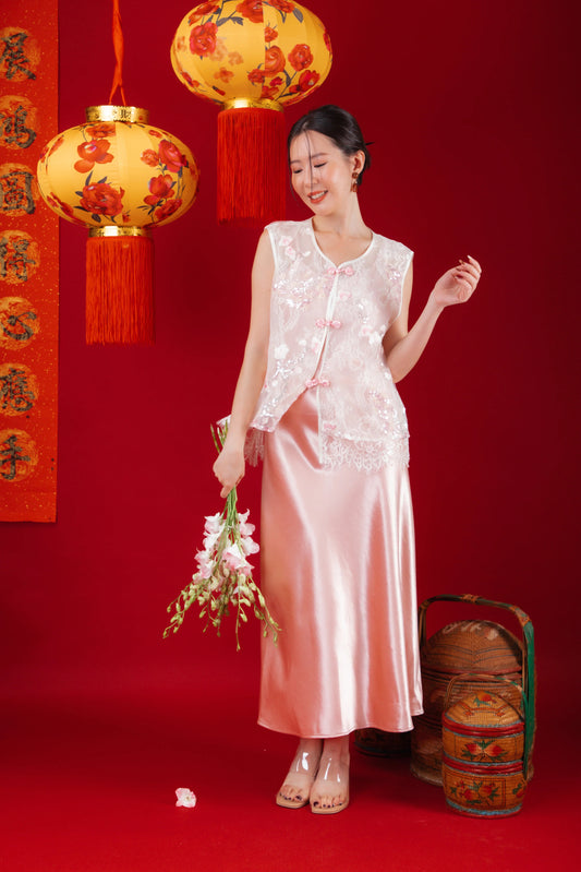 Elowen Embroidered Lace Vest / Rosé Satin Slip Dress