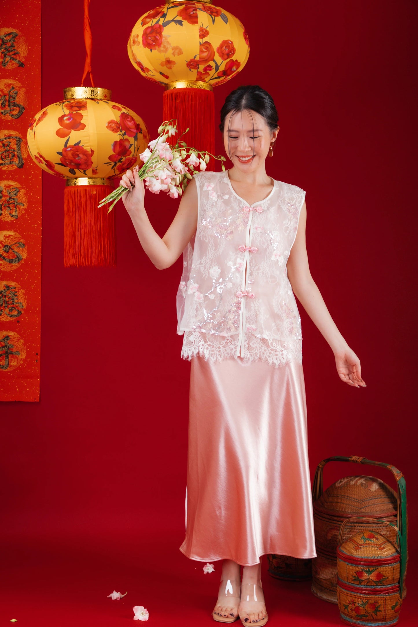 Elowen Embroidered Lace Vest / Rosé Satin Slip Dress