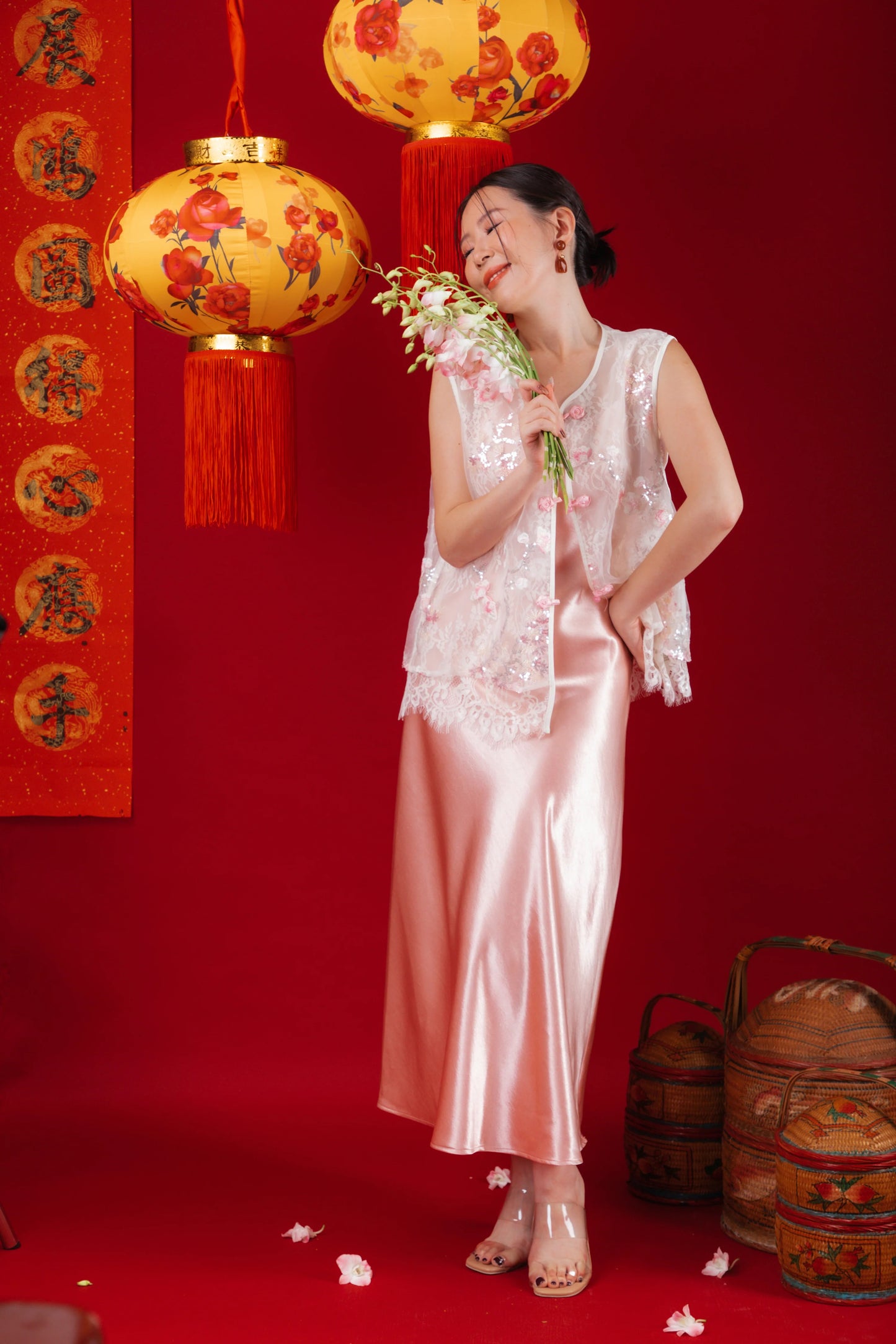 Elowen Embroidered Lace Vest / Rosé Satin Slip Dress