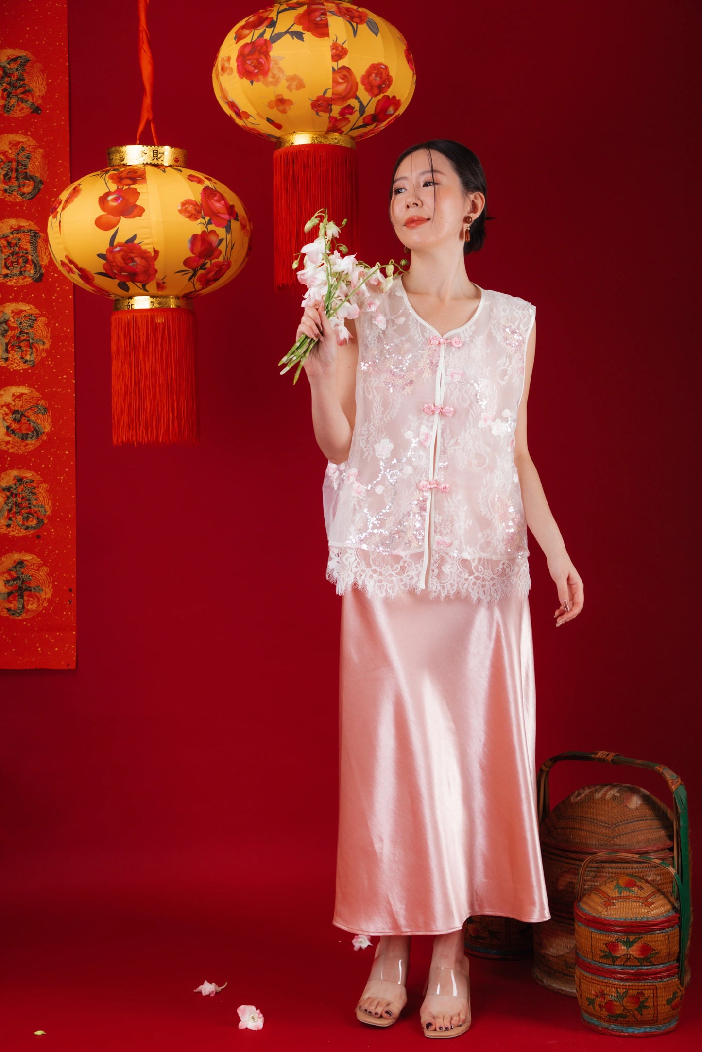 Elowen Embroidered Lace Vest / Rosé Satin Slip Dress