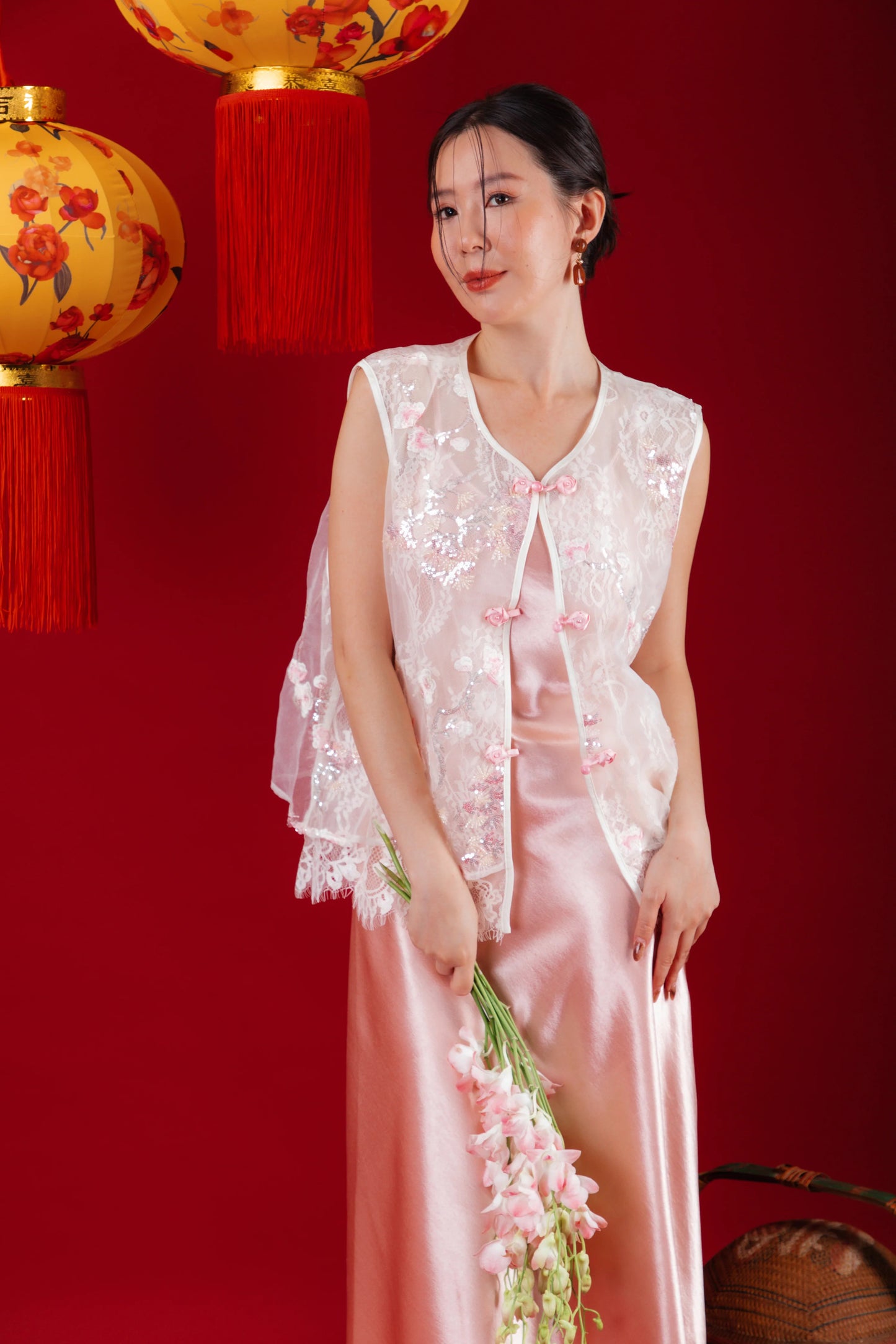 Elowen Embroidered Lace Vest / Rosé Satin Slip Dress