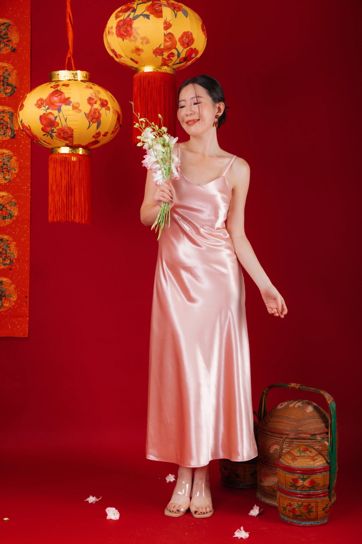 Elowen Embroidered Lace Vest / Rosé Satin Slip Dress