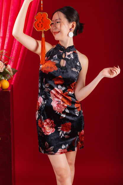 Velvet Floral Halter Cheongsam Dress
