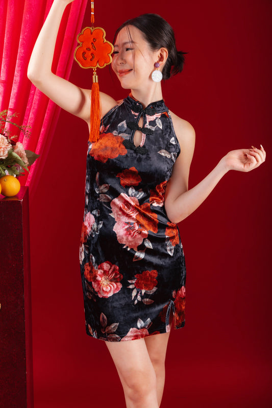 Velvet Floral Halter Cheongsam Dress