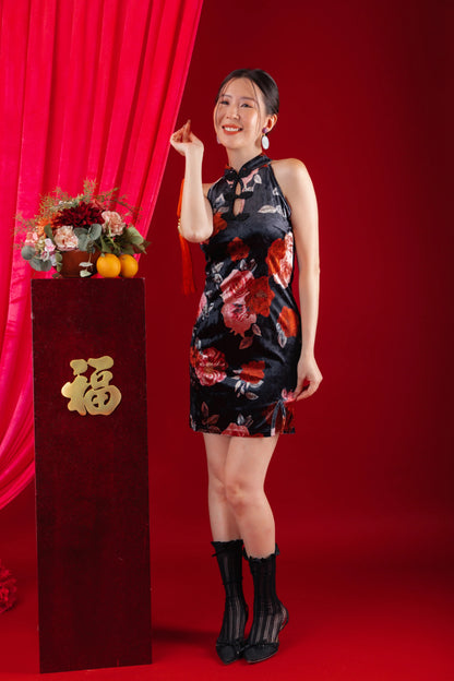 Velvet Floral Halter Cheongsam Dress