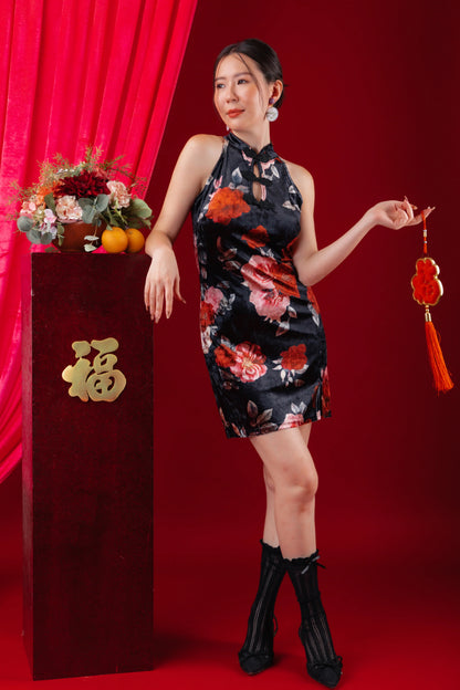 Velvet Floral Halter Cheongsam Dress