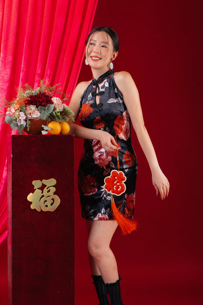 Velvet Floral Halter Cheongsam Dress