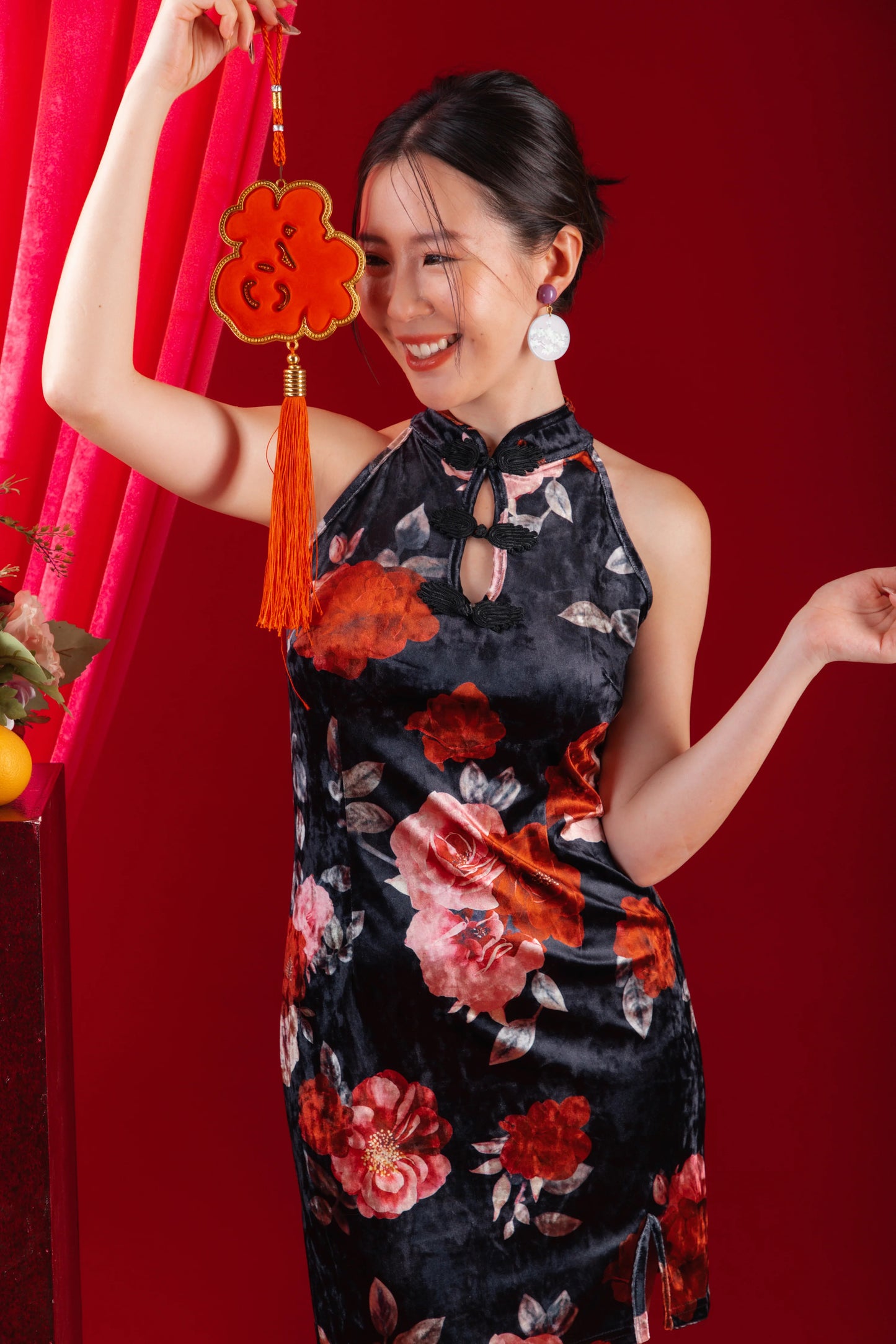 Velvet Floral Halter Cheongsam Dress