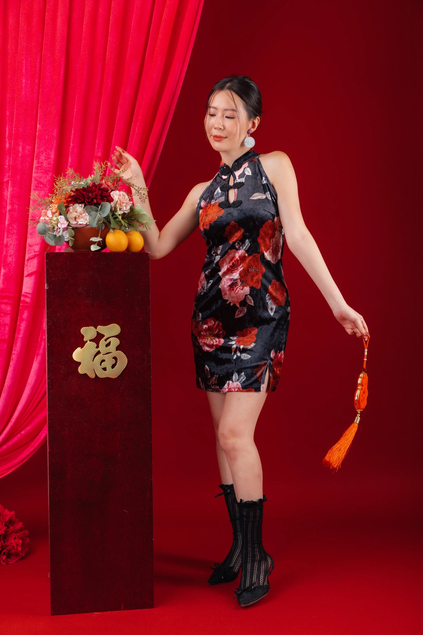 Velvet Floral Halter Cheongsam Dress