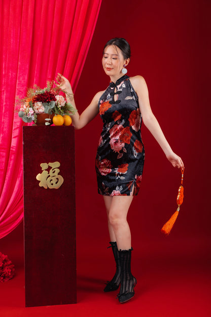 Velvet Floral Halter Cheongsam Dress