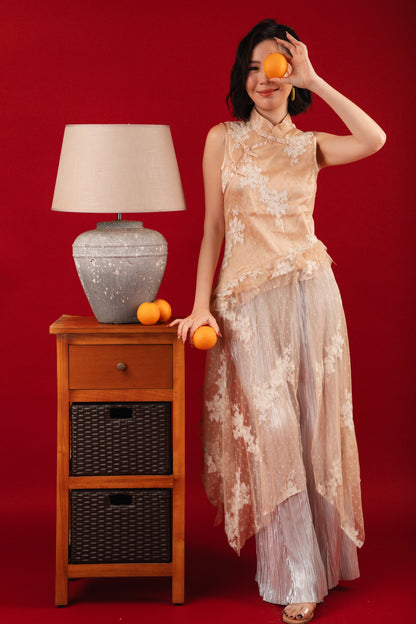 Aurora Sheer Embroidered Cheongsam Top/Pleated Pants
