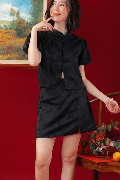 Noir Brocade Wrap Skort in Black (In-Stock)