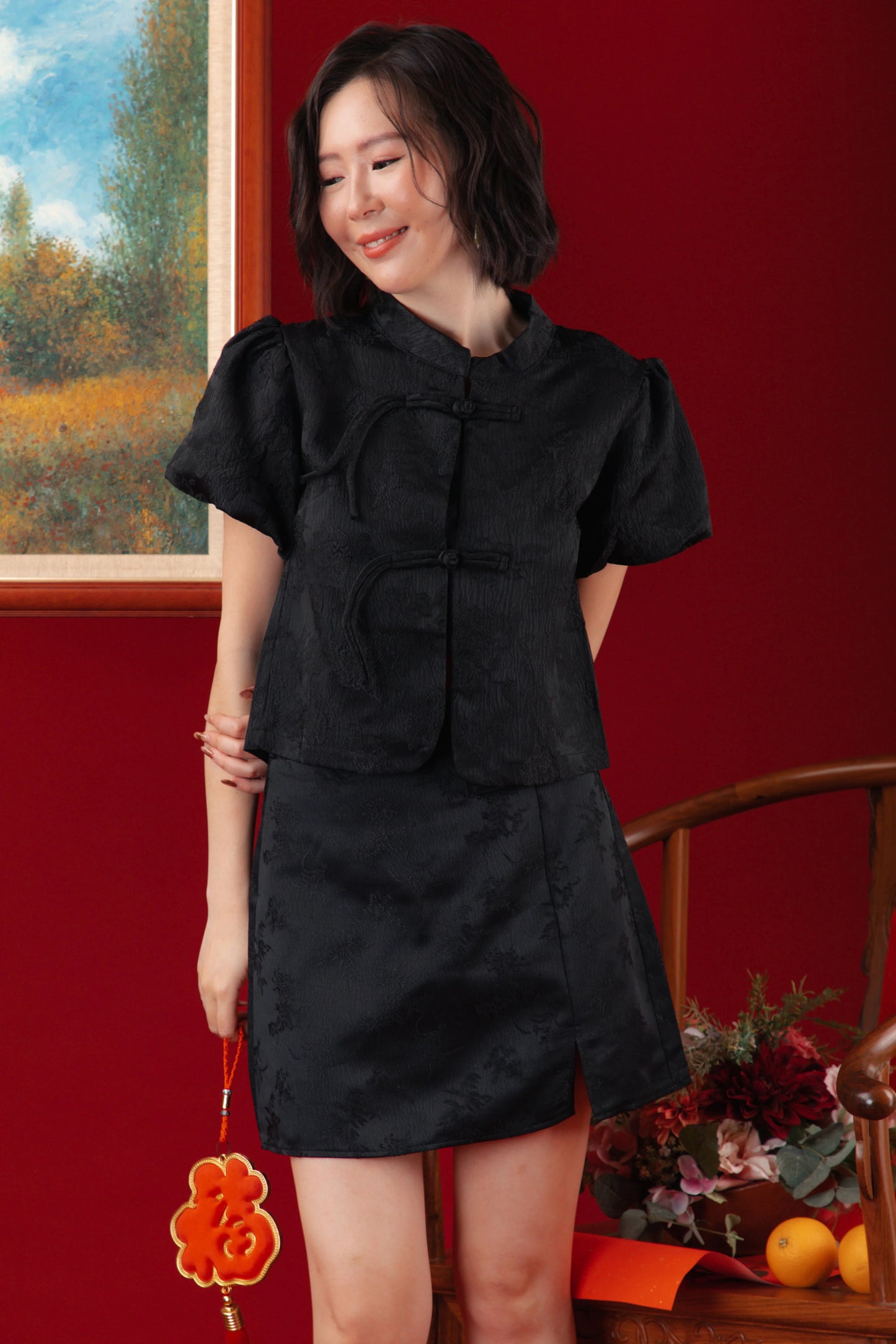 Noir Brocade Wrap Skort in Black (In-Stock)