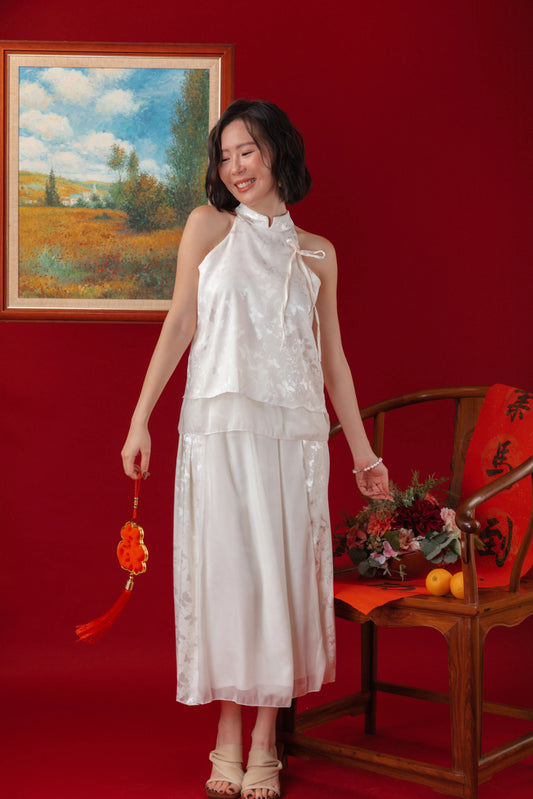 Serene Satin Halter Top & Sheer Layered Skirt Set