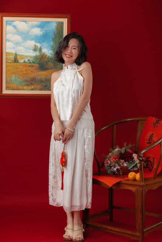 Serene Satin Halter Top & Sheer Layered Skirt Set