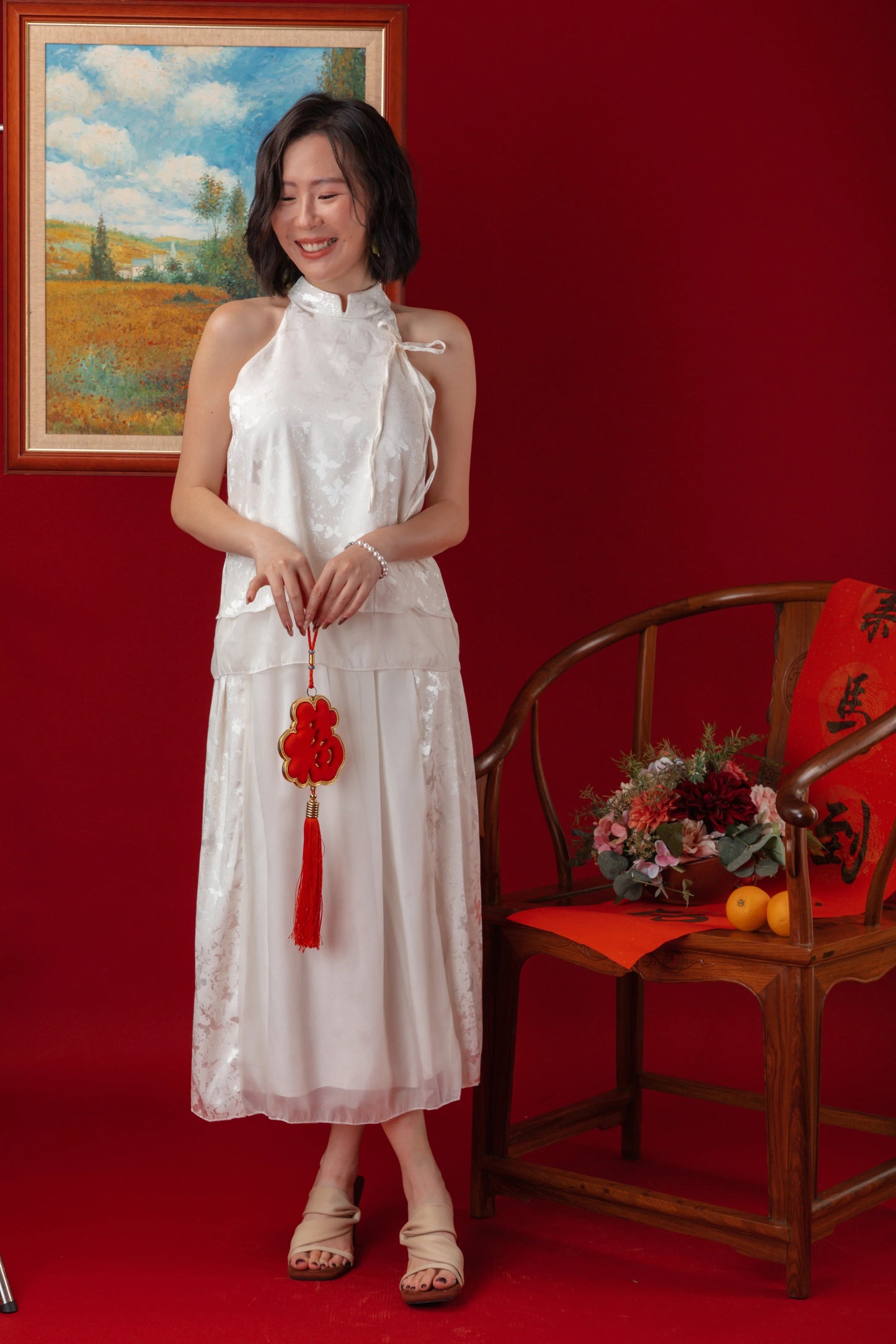 Serene Satin Halter Top & Sheer Layered Skirt Set