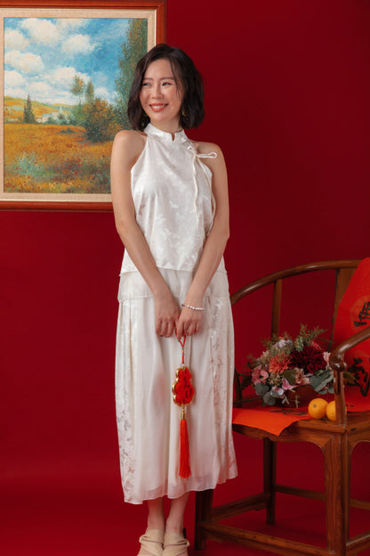 Serene Satin Halter Top & Sheer Layered Skirt Set