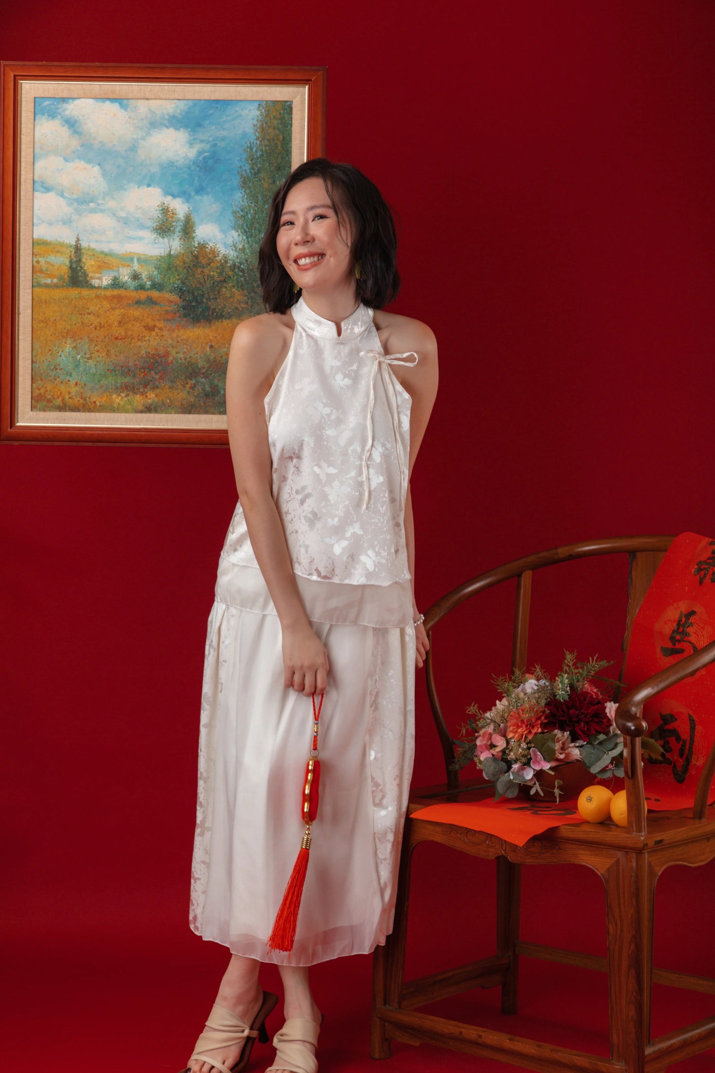 Serene Satin Halter Top & Sheer Layered Skirt Set