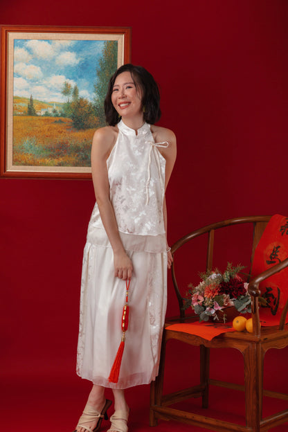 Serene Satin Halter Top & Sheer Layered Skirt Set