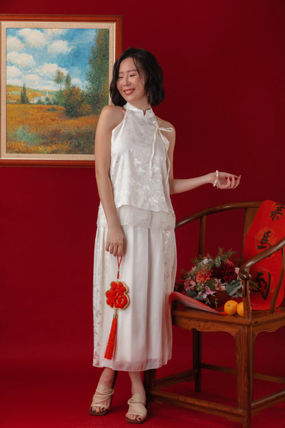 Serene Satin Halter Top & Sheer Layered Skirt Set