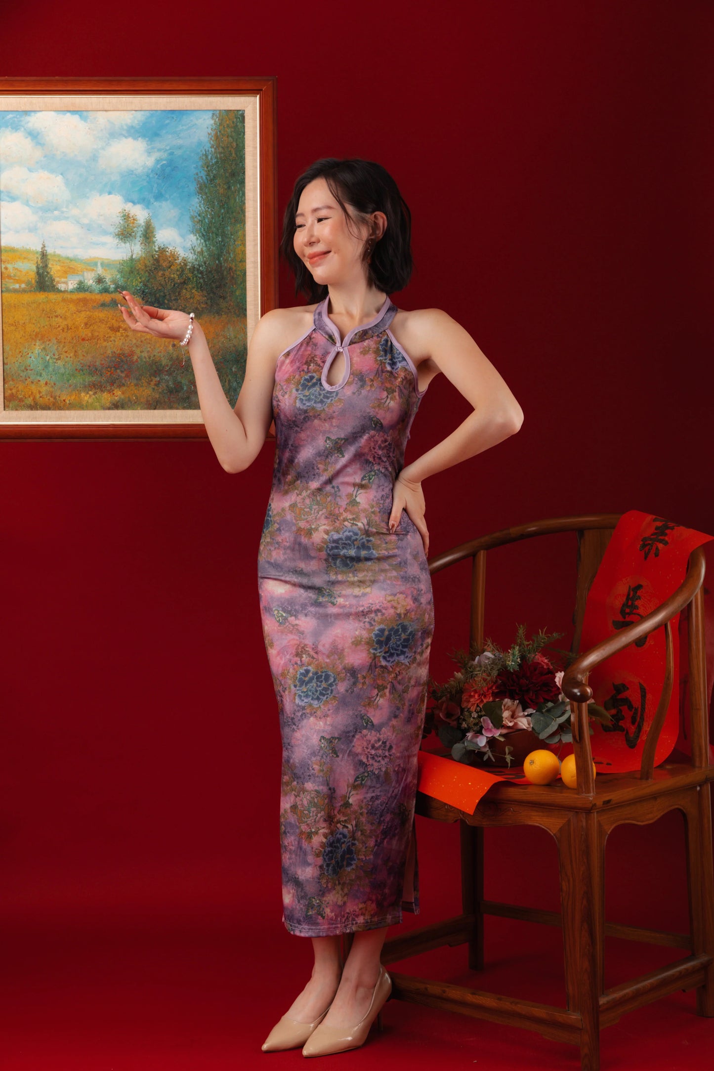Violet Blossom Halter Cheongsam Dress （In-Stock)
