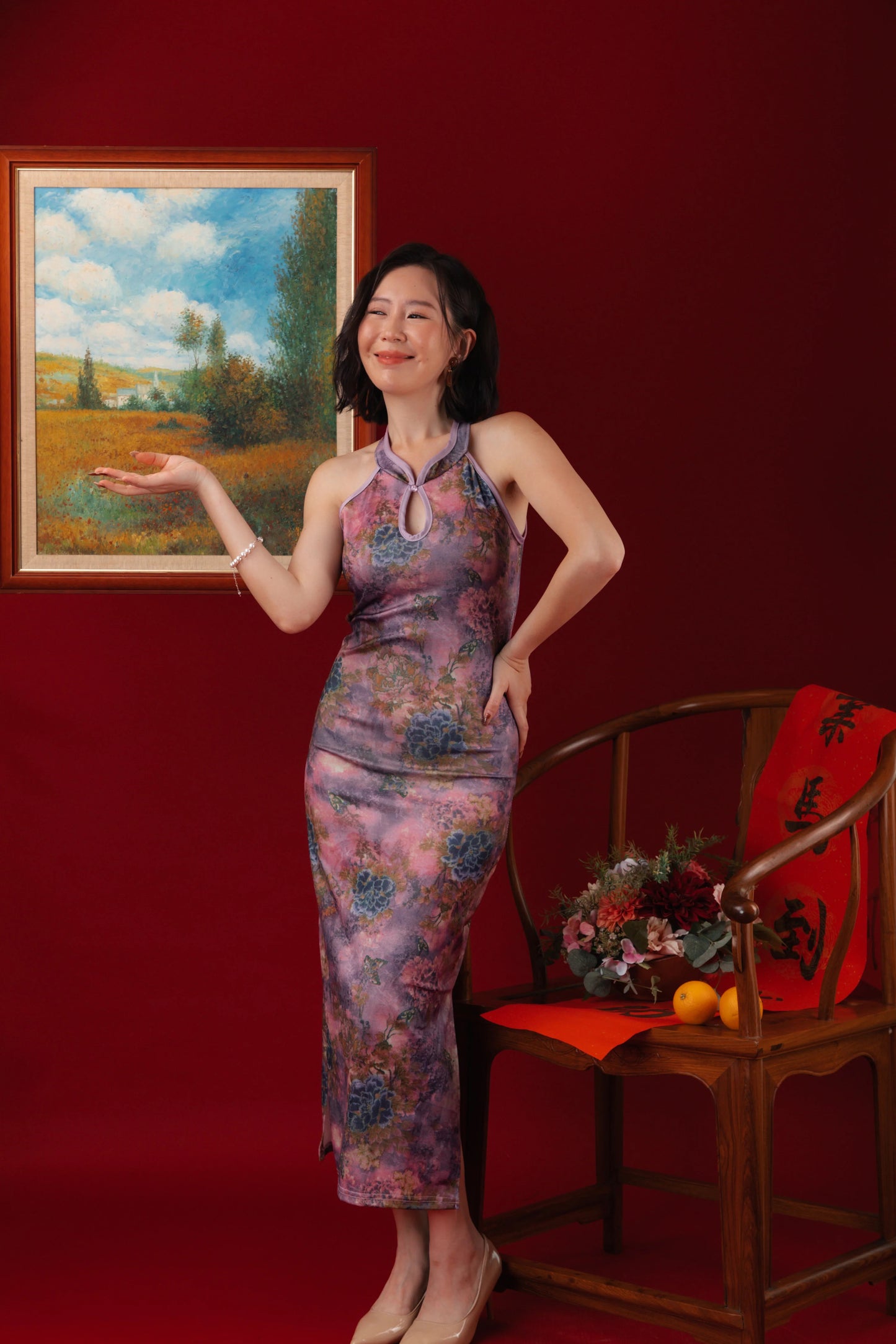 Violet Blossom Halter Cheongsam Dress （In-Stock)