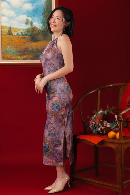Violet Blossom Halter Cheongsam Dress （In-Stock)