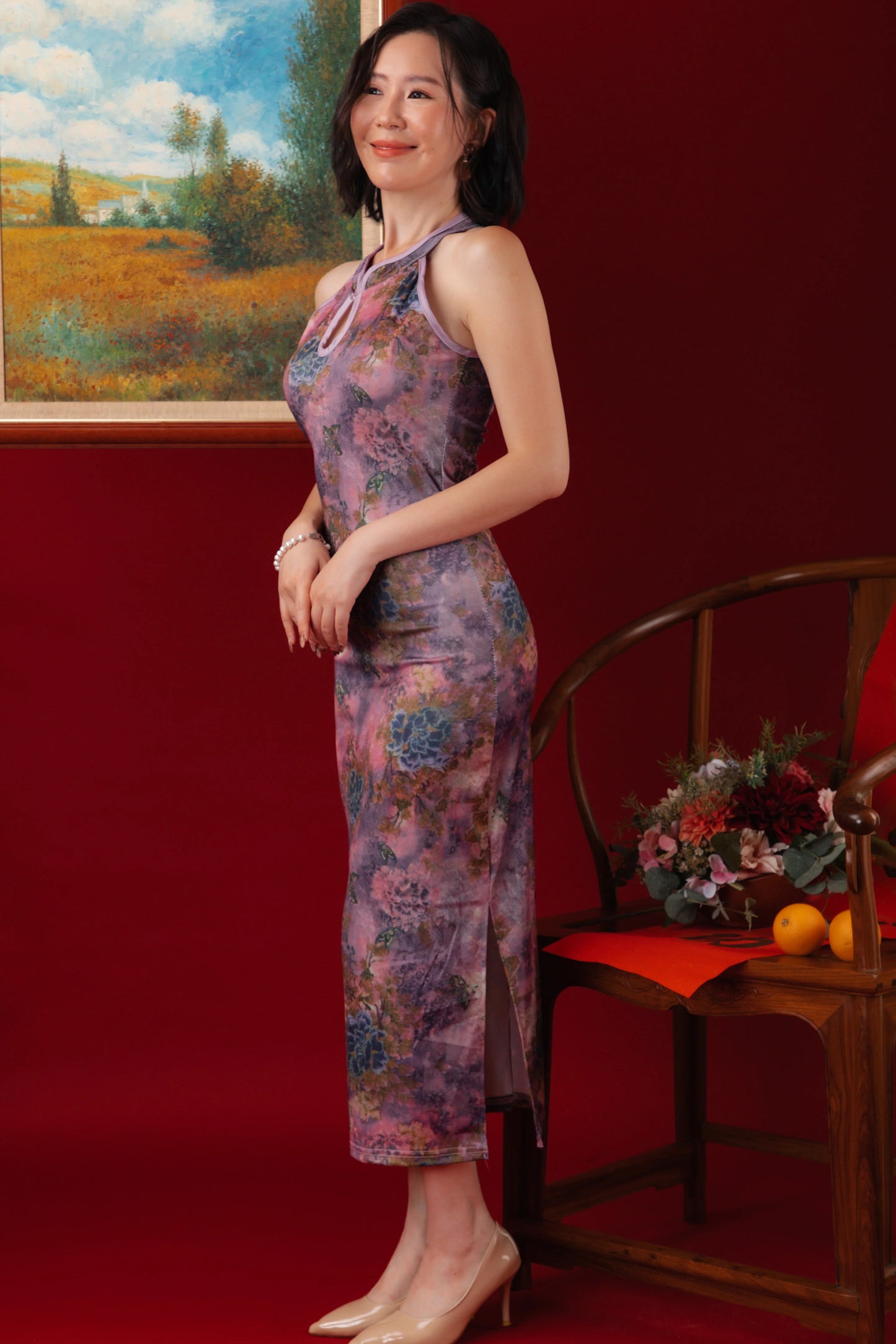 Violet Blossom Halter Cheongsam Dress （In-Stock)